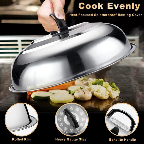 All In One Flat Top Griddle Accessories Kit With Enlarged Spatulas Burger Press Basting Cover on grill with vegetables