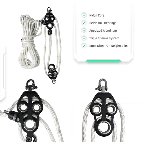 Deluxe Fiddle Block Kit With Anodized Aluminum UniBody Frame For Tree Pulling And 1000 Lb Working Load with triple sheave system