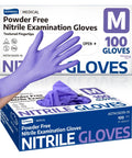 Nitrile Exam Gloves 3 Point 5 Mil Powder Free Latex Free Food Safe Disposable Medical Lab Gloves Ideal For Cooking Cleaning Handling With Enhanced Tactile Sensitivity Violet Blue 100 Pcs Medium box and glove display.