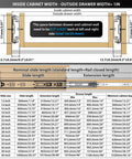 Diagram showing Beefy Heavy Duty Full Extension Drawer Slides dimensions for side mount, steel construction, 12 to 40 inch, 150 lb capacity.
