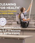 Heavy Duty Commercial Backpack Vacuum Corded With Adjustable Telescoping Wand Tool Kit Six Quart Capacity For Professional Janitorial And Facility Cleaning Gray Built Like A Tank in use with adjustable wand.
