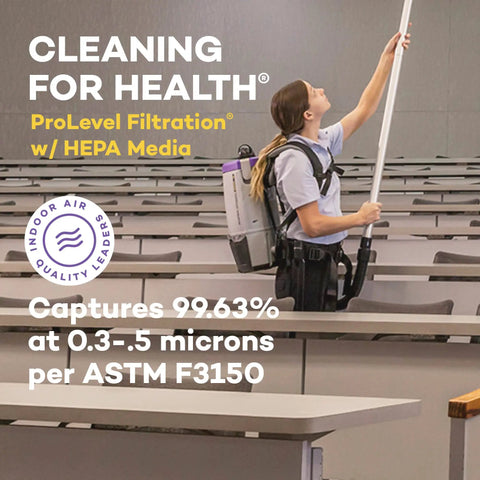 Heavy Duty Commercial Backpack Vacuum Corded With Adjustable Telescoping Wand Tool Kit Six Quart Capacity For Professional Janitorial And Facility Cleaning Gray Built Like A Tank in use with adjustable wand.