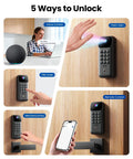 Five unlock methods image for Palm Vein Smart Lock With Built In Wi Fi And Matter No Hub Needed, Keyless Entry Deadbolt, shown in use.