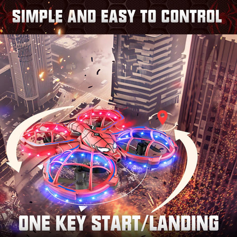 Mini Drone For Beginners With Easy Flight And LED Neon Lights RC Quadcopter shown mid-flight over cityscape.