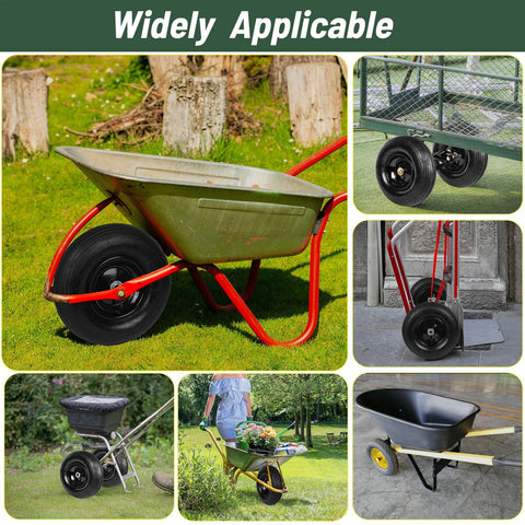 Collage showing 13 Inch Solid Flat Free Replacement Tire And Wheel 4.00-6 with five eighth inch axle bore on various garden and utility carts