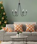 Living room with Black Six Light Farmhouse Chandelier With Candle Style Bulbs For Dining Room Bedroom And Living Room 28 Inch Wide.