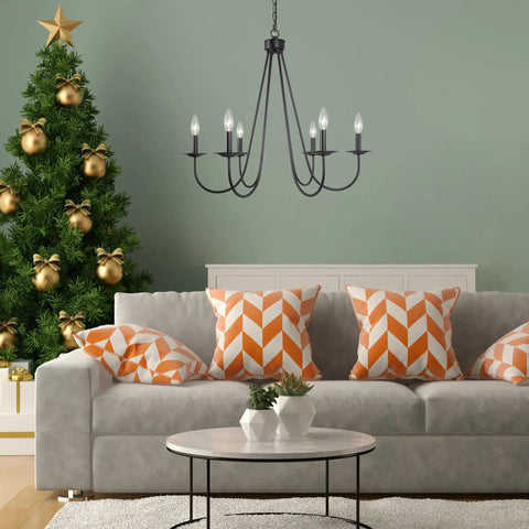 Living room with Black Six Light Farmhouse Chandelier With Candle Style Bulbs For Dining Room Bedroom And Living Room 28 Inch Wide.