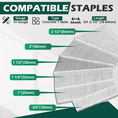 St64 14 Gauge Pneumatic Concrete T Nailer compatible staples from 3/4 to 2-1/2 inch, for heavy-duty use in decking and siding