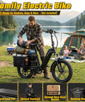 Family Cargo Ebike With Built In Child Seat And Rear Guardrail, 1500W Peak Motor, 20 Inch Fat Tires, Removable 48V 15Ah Battery, Dual Hydraulic Brakes, LCD And App Control, 7 Speed Step Through Electric Bicycle For Everyday Family Adventures loaded for camping