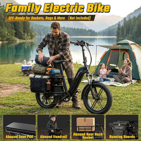 Family Cargo Ebike With Built In Child Seat And Rear Guardrail, 1500W Peak Motor, 20 Inch Fat Tires, Removable 48V 15Ah Battery, Dual Hydraulic Brakes, LCD And App Control, 7 Speed Step Through Electric Bicycle For Everyday Family Adventures loaded for camping