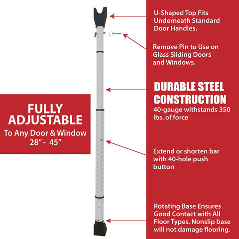Adjustable Portable Door Security Bar For Hinged And Sliding Doors And Windows, Heavy Duty Door Stopper, 28-45 Inches, in use.