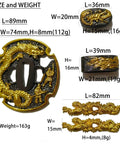 Katana Tsuba Set Alloy Samurai Sword Guard With Gold And Black Dragon Finish Electroplated Hand Guard That Wont Fade Rust And Wear Resistant Decorative Part For Display Collectors Reenactment And Repair, showcasing measurements and dragon details.