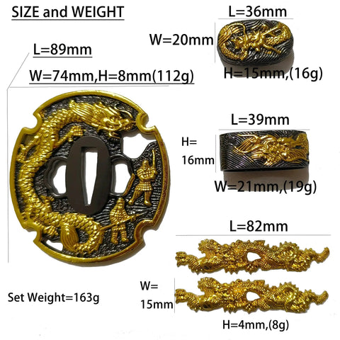 Katana Tsuba Set Alloy Samurai Sword Guard With Gold And Black Dragon Finish Electroplated Hand Guard That Wont Fade Rust And Wear Resistant Decorative Part For Display Collectors Reenactment And Repair, showcasing measurements and dragon details.