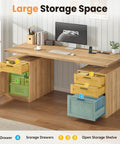 60 Inch Electric Standing Desk With Solid Oak Surface And Rustic Rattan Frame For Home Office featuring multiple drawers and storage space.