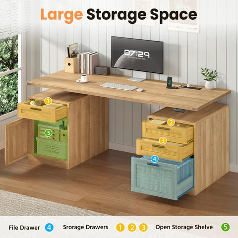 60 Inch Electric Standing Desk With Solid Oak Surface And Rustic Rattan Frame For Home Office featuring multiple drawers and storage space.