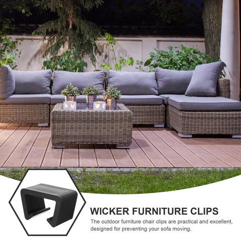 Patio sectional with gray cushions secured using Outdoor Furniture Clips For Patio Sectionals, Wicker Sofa Connectors shown below.