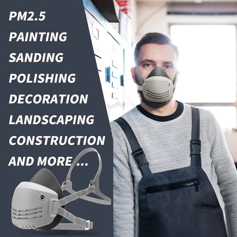 Man wearing respirator mask with 13-piece filter kit for dust, gases, fumes, asbestos, organic vapors, construction PPE.