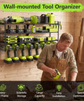 Heavy Duty Power Tool Wall Mount Organizer With 4 Tier Shelves And 8 Drill Holders, installed in workshop with tools.