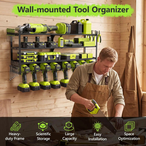 Heavy Duty Power Tool Wall Mount Organizer With 4 Tier Shelves And 8 Drill Holders, installed in workshop with tools.
