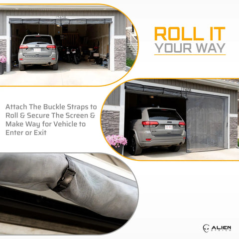 Keep It Breezy With This Hands Free Magnetic Garage Door Screen 9x8 Ft in use with rolled up design for easy vehicle access