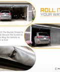 Garage Door Screen 16x8 For A 2 Car Garage With Hands Free Entry, screen rolled up showing vehicle entry with buckle detail visible.