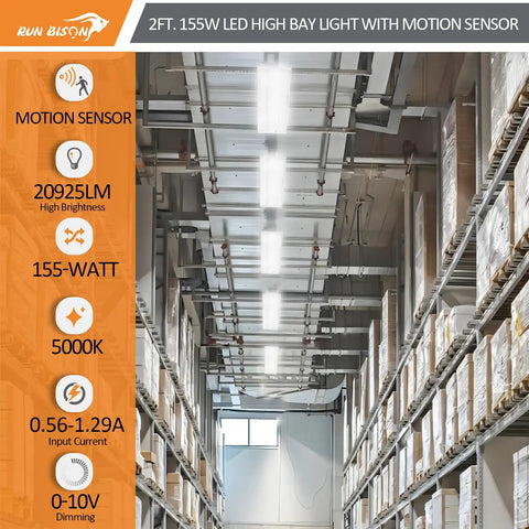 Top Shelf 2 Foot Led Linear High Bay Shop Lights With Smart Motion Sensor 155W Hella Bright 20925 Lumens 5000K Daylight in warehouse