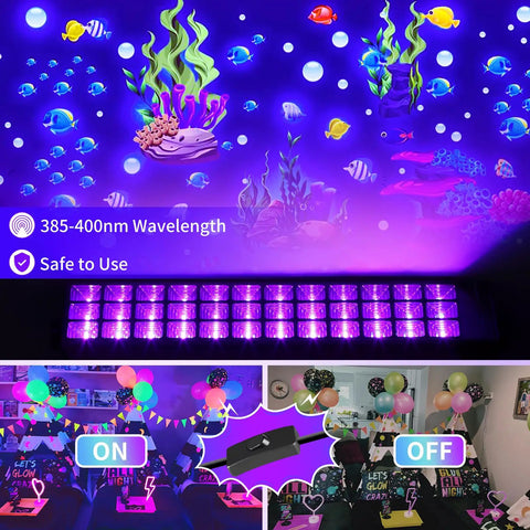 Beast 100W LED Black Light Bar IP66 waterproof showcasing neon glow effects for parties and decorations