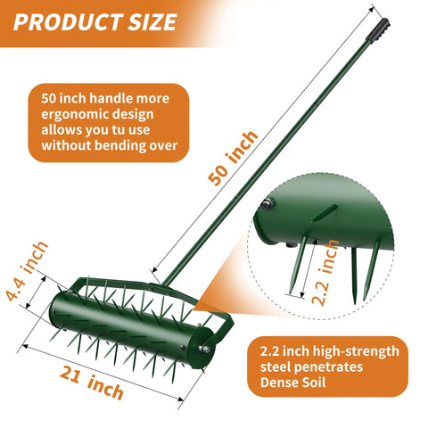 21 Inch Lawn Aerator Workhorse Heavy Duty Manual Tool With 50 Inch Metal Handle dimensions and ergonomic design details