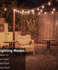 Patio with G40 Solar String Lights Outdoor 32Ft With 20 Plus 2 Shatterproof Edison Bulbs, 4 lighting modes, set over chairs and tables.