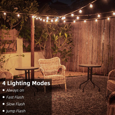 Patio with G40 Solar String Lights Outdoor 32Ft With 20 Plus 2 Shatterproof Edison Bulbs, 4 lighting modes, set over chairs and tables.