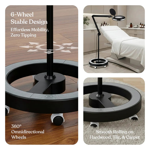 Hands Free Magnifying Floor Lamp With Dimmable LED Light, 5 Diopter Lens, Six Wheel Rolling Stand; images showing smooth rolling base on floor