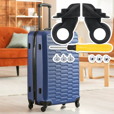 Luggage wheel set: black plastic spinner casters for suitcase, left & right with 3-hole mounting; screws included.