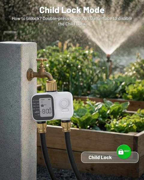 Heavy Duty Two Zone Sprinkler Timer With Brass Inlet For Garden Hose, Rain Delay, Manual Or Automatic Irrigation installed outdoors