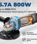 DongCheng 4-1/2in angle grinder with 6.7A motor; cutaway view shows gears and cooling, includes grinding wheel and guard.