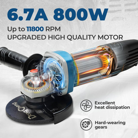 DongCheng 4-1/2in angle grinder with 6.7A motor; cutaway view shows gears and cooling, includes grinding wheel and guard.