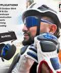 Badass Semi Frameless Safety Glasses With Ansi Z87 Certified Features worn by worker outdoors, showing polarized blue mirrored lenses.
