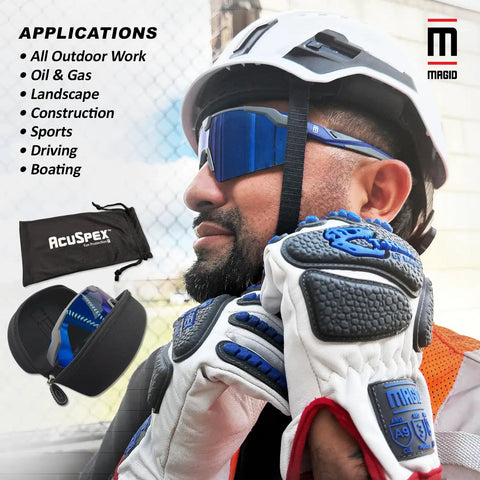 Badass Semi Frameless Safety Glasses With Ansi Z87 Certified Features worn by worker outdoors, showing polarized blue mirrored lenses.