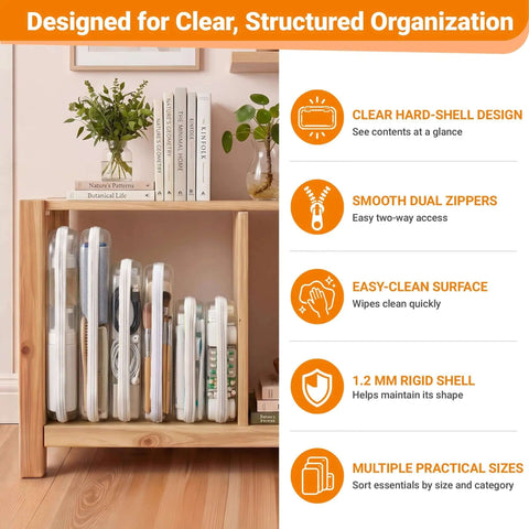 No Stress Clear Hard Shell Zipper Cases and Travel Organizers With Premium Rigid Body For Toiletries Makeup Supplies and Daily Tech Gear That Keeps Everything Sorted displayed on a shelf with books.