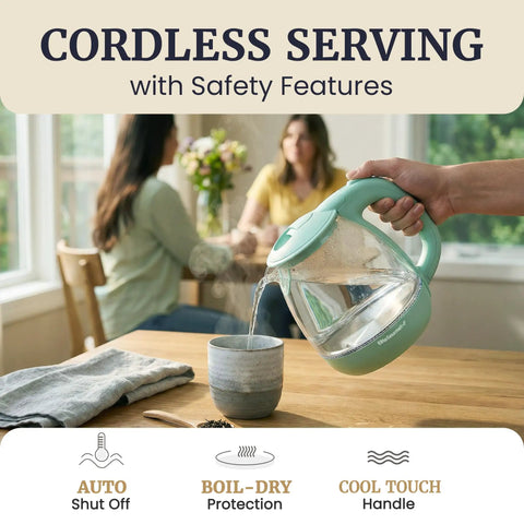 Elite Gourmet Mint Glass Electric Kettle 1L BPA-Free Fast Boil pouring water into a cup with cordless design and safety features.