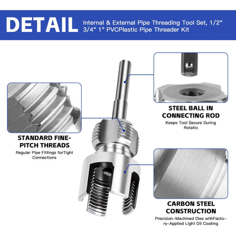 Four In One Water Pipe Wrench And Pipe Tapping Tool Set showing standard fine-pitch threads and carbon steel construction