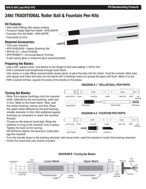 Diagram showing assembly of Gold Traditional Fountain Pen Woodturning Kit For DIY Lathe Project With PK10 FP2 Hardware Pen Parts