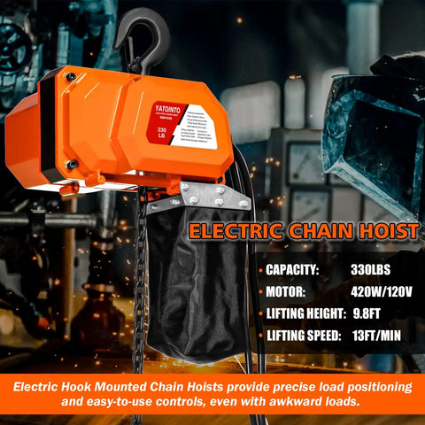 Orange Beefy Electric Chain Hoist 330 Lbs 120V Single Phase Winch With 9.8 Ft Lift Height shown in industrial setting