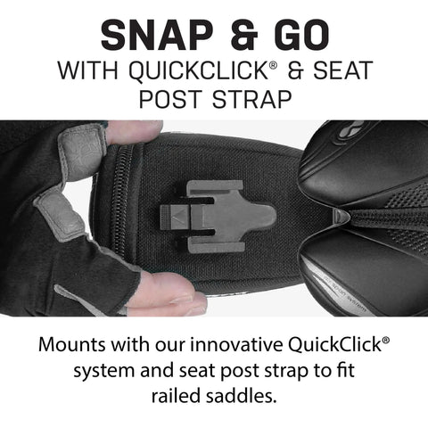Aero Wedge Pack With Fixer F25 Large for Road and Mountain Bikes, QuickClick Mount System demonstrated with gloved hand