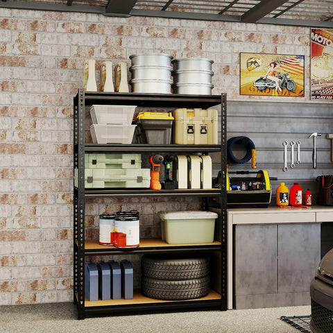 Adjustable Garage Storage Shelves Heavy Duty Metal Shelving Unit for Basement Warehouse Workshop Pantry and Closet 2400 Lbs Total Load Capacity 16 Inches Deep by 35.5 Inches Wide by 72 Inches High loaded with tools and bins in garage