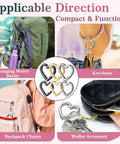 Heart Carabiner Keychain Clips Set In Silver And Black Durable Metal Spring Rings for purses, bags, backpacks, straps, and gear.