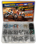 KTM Two Stroke Bolt Kit For 200 250 300 SX XC EXC XCW MXC Models 2002 And Up displayed in organized compartments