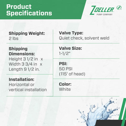 Product specifications for 1-1/2 In PVC Full-Flow Check Valve With Slip Unions For Sump Pump Discharge Backflow Prevention And Water Hammer Reduction 50 PSI Rated Easy Install Solvent-Weld Union Non-Clog Design Delivers Quick Flow And Keeps Your Sump Pump Running Smooth.