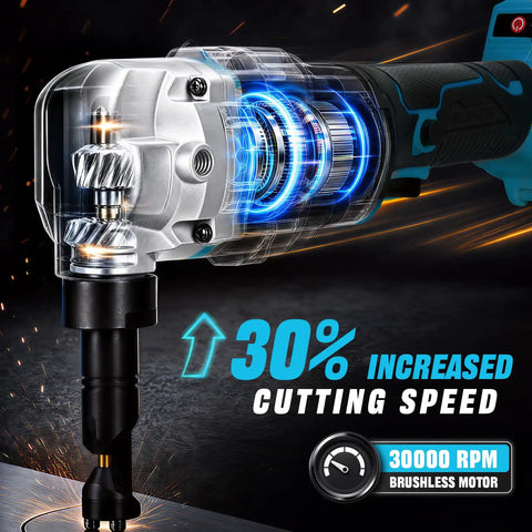 Heavy Duty Cordless Metal Nibbler With 30k Rpm Power For Cutting Steel Sheet Up To 18 Gauge And Aluminum showing its efficient brushless motor.