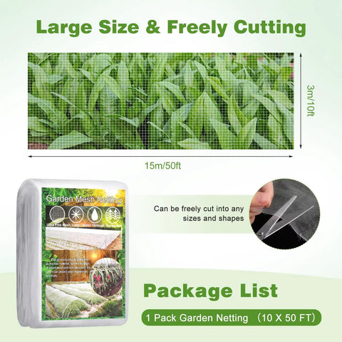Lightweight Reusable Garden Netting Pest Barrier 10x50 Ft Insect Mesh Pro Grade, PE material, large size display
