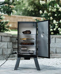 Electric Vertical BBQ Smoker With Analog Temperature Control 30 Inch Black Unit with open door showing chrome smoking racks